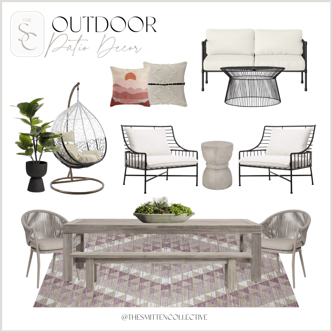 A collage of outdoor patio furniture featuring a loveseat and coffee table, hanging egg chair, faux plant and planter, outdoor rug, grey wood dining table, dining chairs, succulent planter, outdoor lounge chairs and concrete side table.