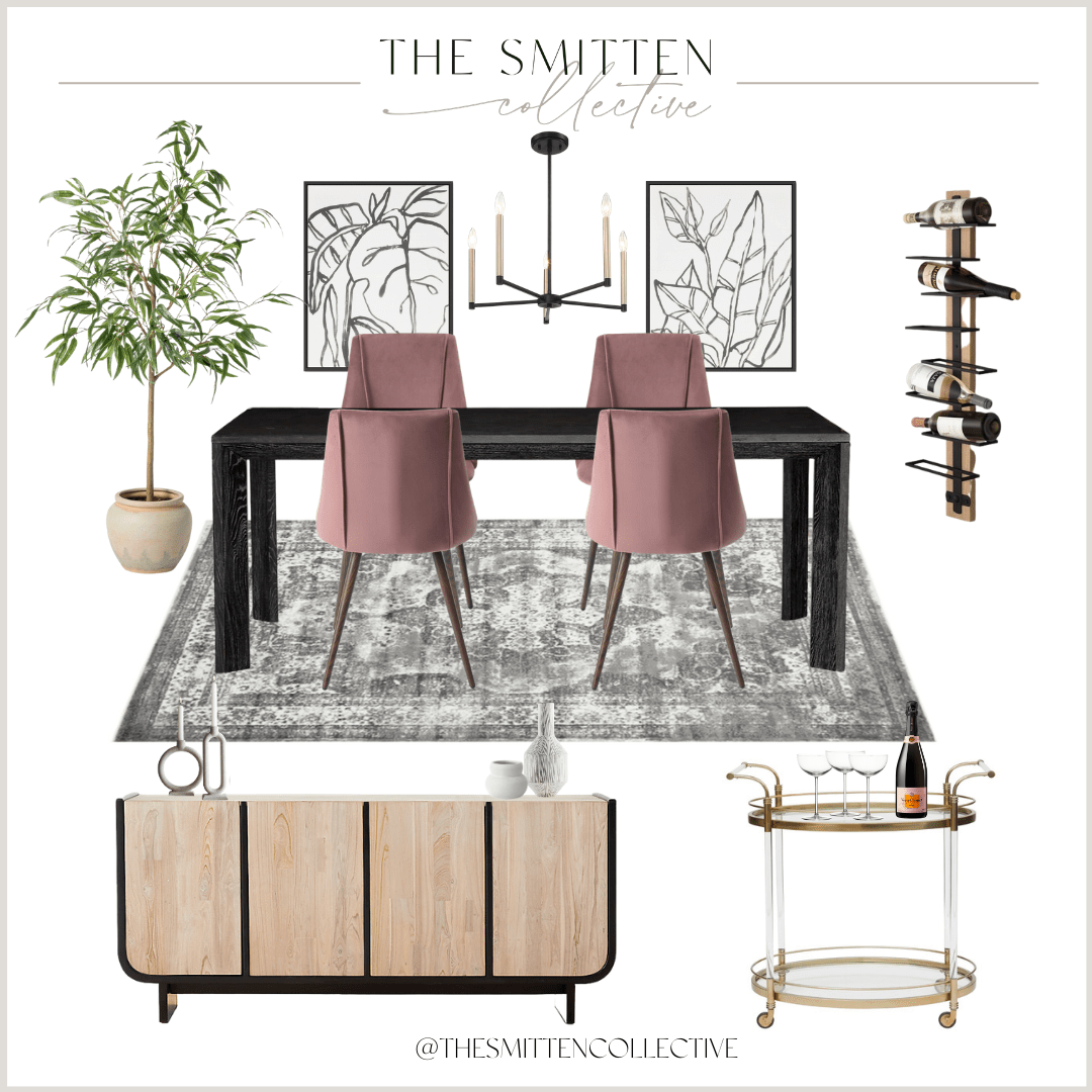 A dining room design board featuring black dining table, mauve velvet dining chairs, industrial farmhouse chandelier, faux olive tree, modern credenza, mounted wine rack, rug, and bar cart.