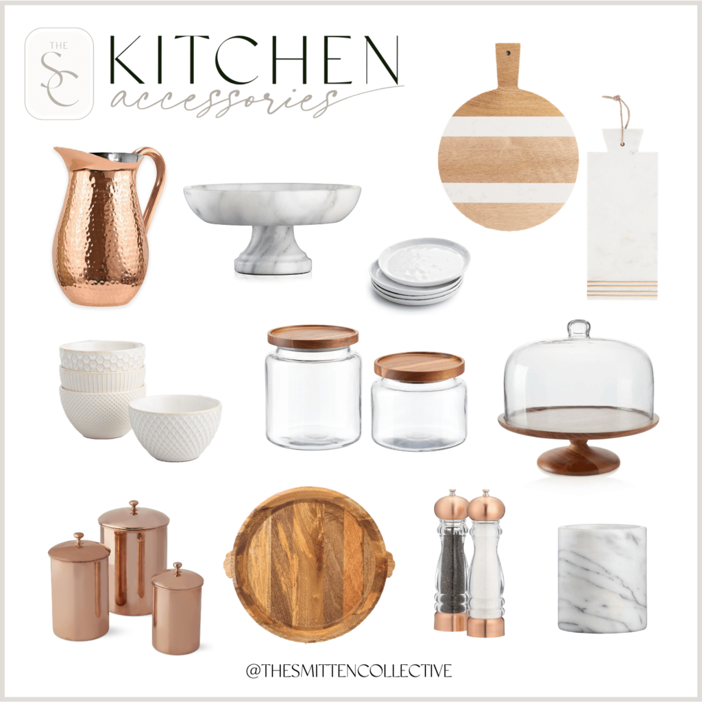 A collage of kitchen decor and accessories 
