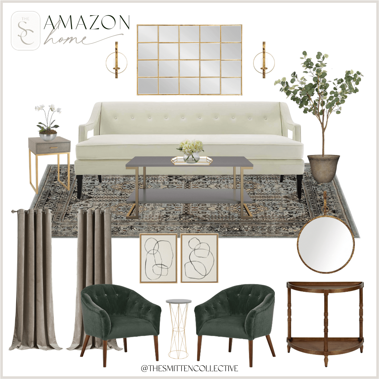 A living room design board featuring furniture and home decor pieces from Amazon