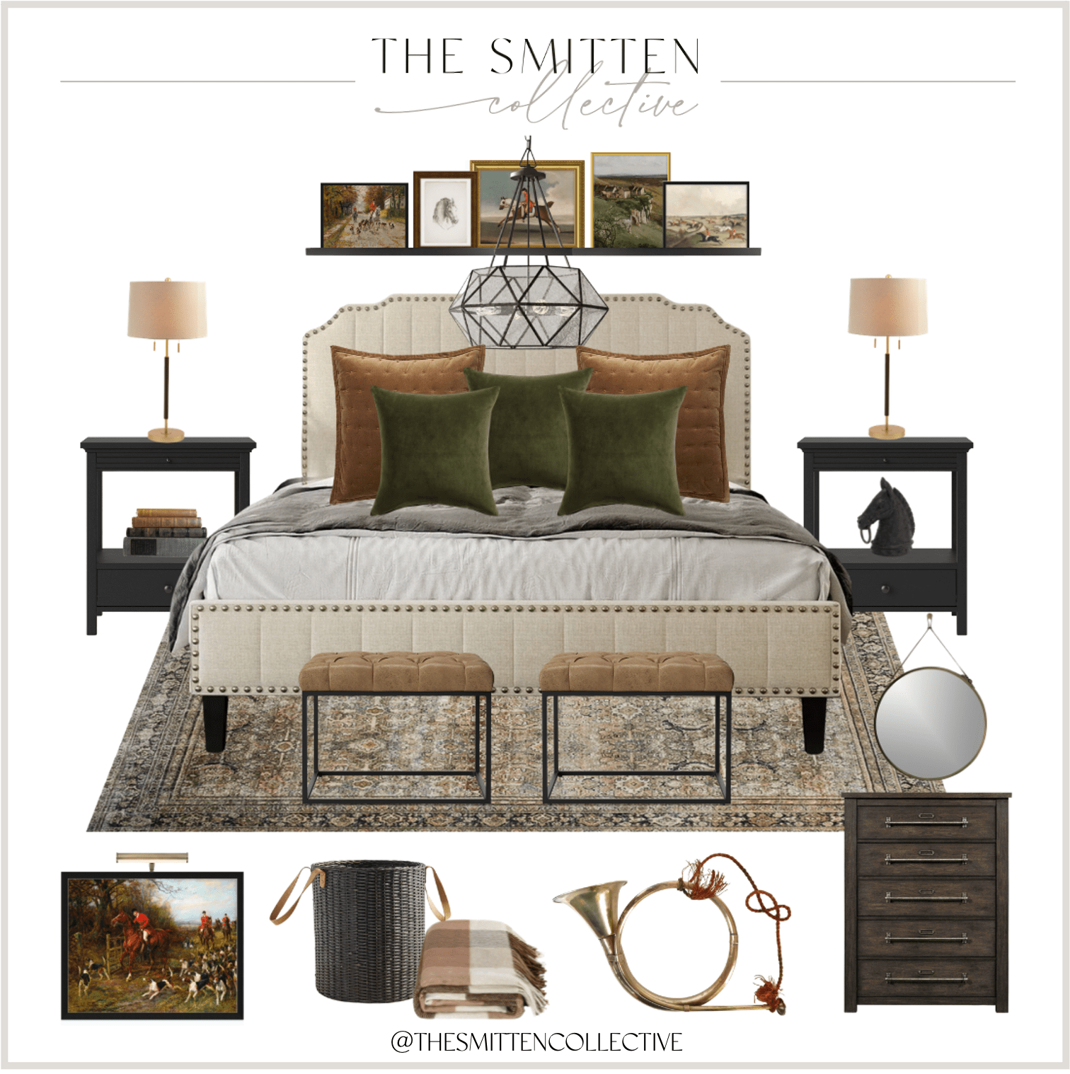A bedroom design board featuring furniture and accessories in an equestrian theme