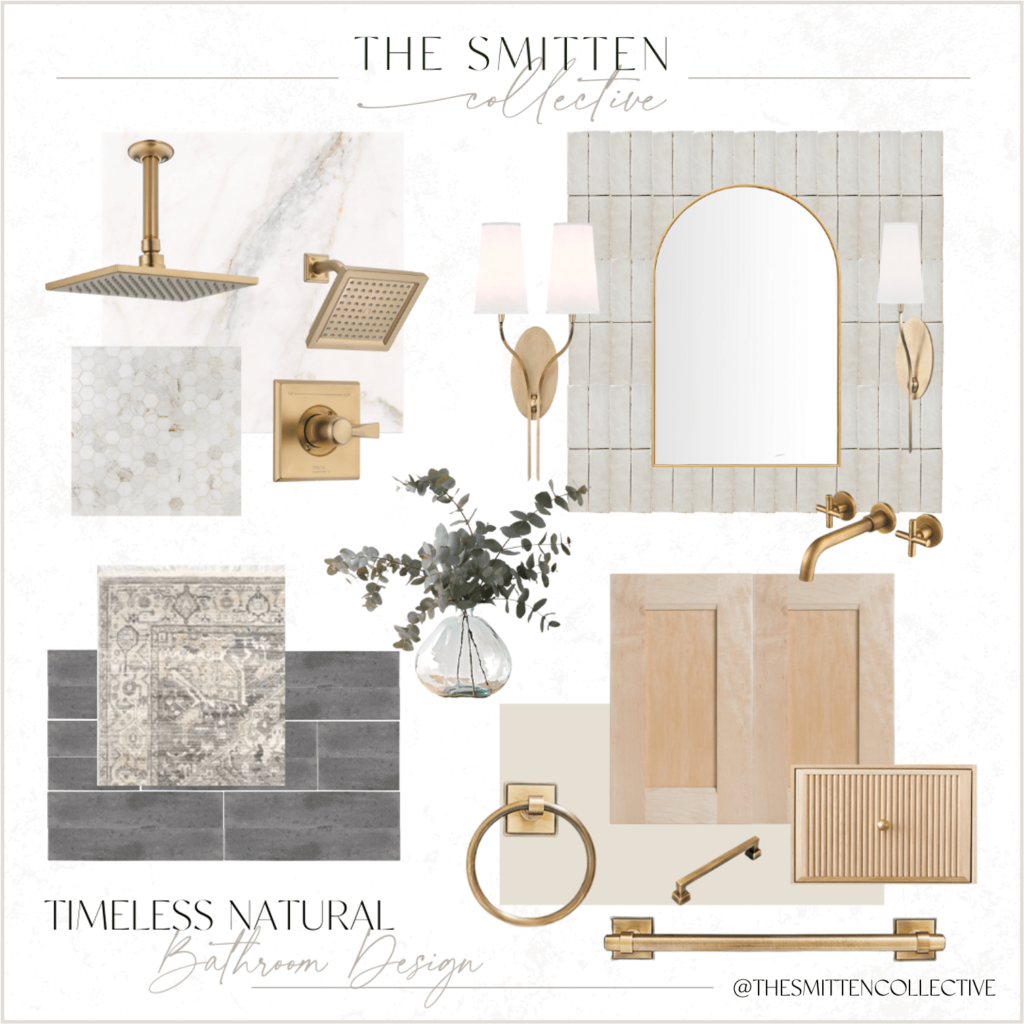 A bathroom interior design moodboard with marble and stone finishes, cabinets, sconces, and brass plumbing fixtures. 