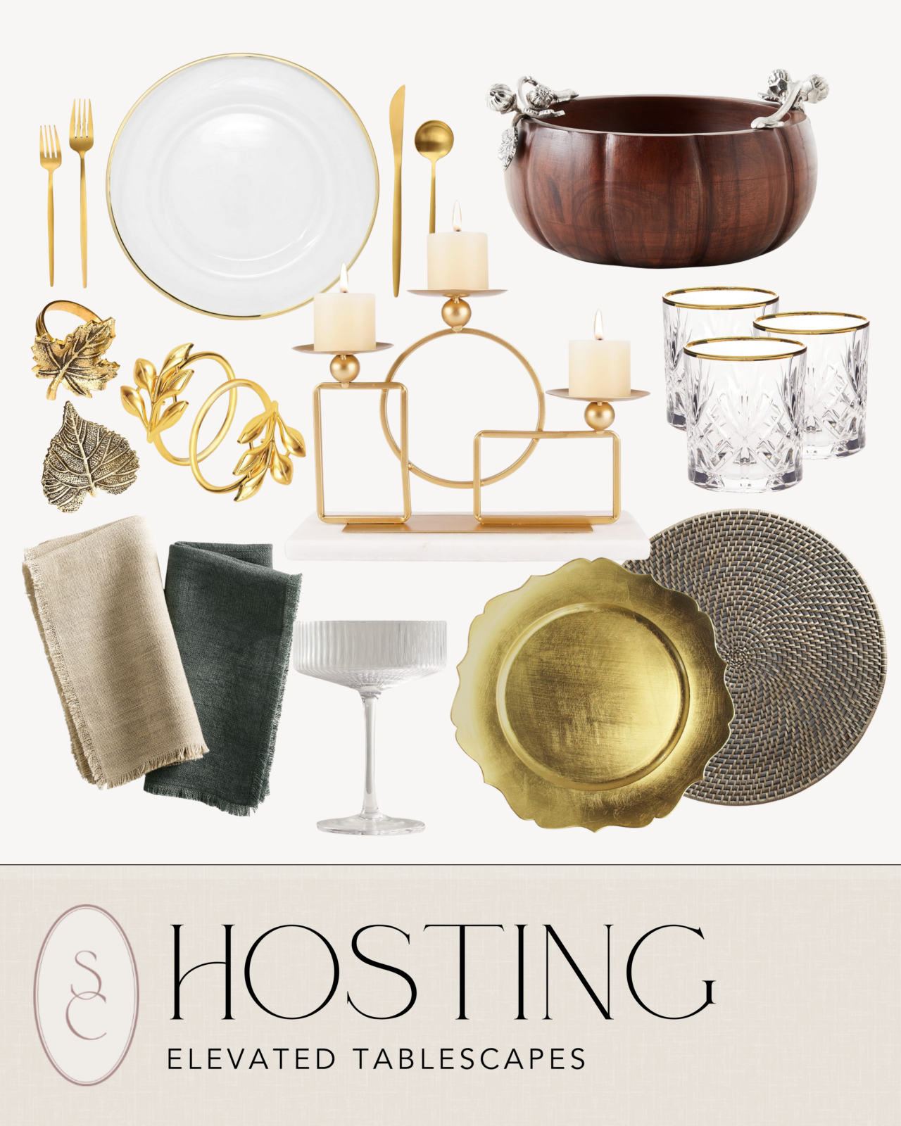 Celebrating in Style: Thanksgiving Tablescapes, Fashion Finds & More | collage of items, hosting items, hosting plates, dinnerware, glassware, plates, candles, cups, champagne flutes