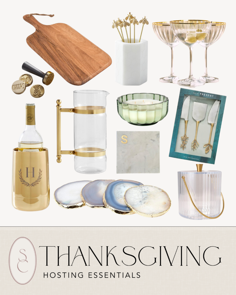 Celebrating in Style: Thanksgiving Tablescapes, Fashion Finds & More | fall decor, hosting gifts, wine chiller, serving knives, ice bucket, candle, pitcher, charcuterie board, trending host items