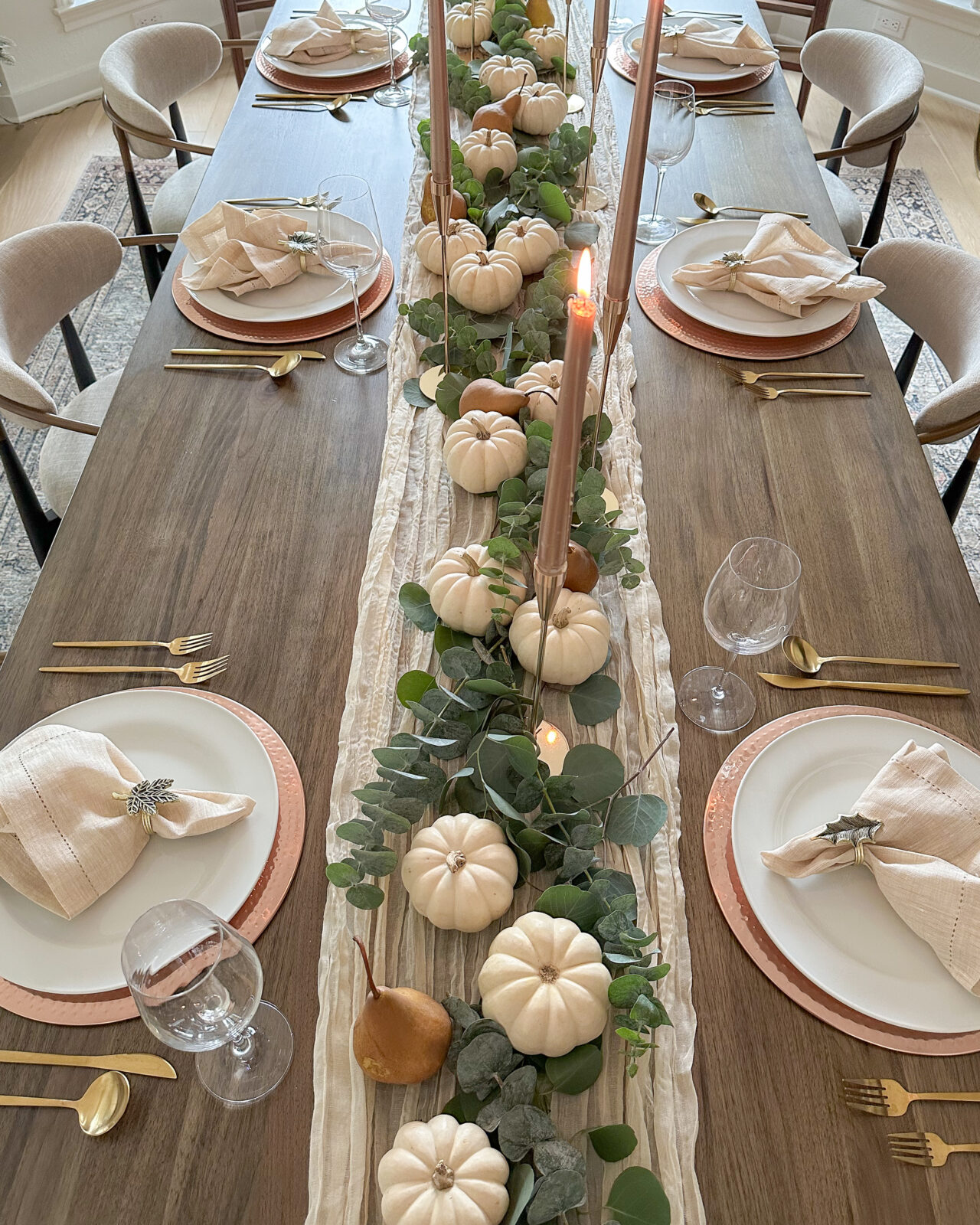 Celebrating in Style: Thanksgiving Tablescapes, Fashion Finds & More | fall tablescape, autumn faux florals, tablescapes, candles, thanksgiving decor, faux pumpkins, table runner, placemats