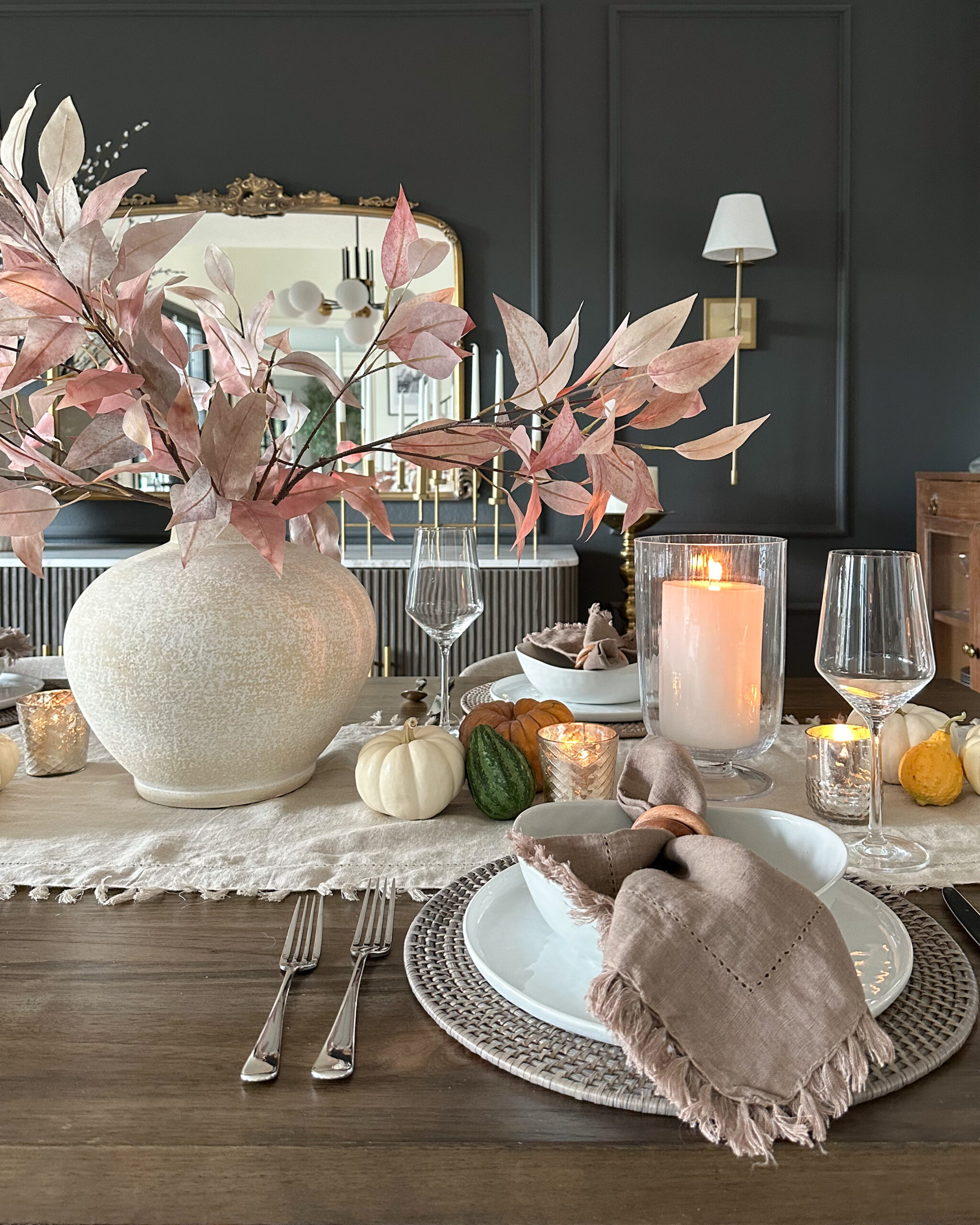 Celebrating in Style: Thanksgiving Tablescapes, Fashion Finds & More | fall tablescape, autumn faux florals, tablescapes, thanksgiving tablescapes, thanksgiving decor, holiday decor, candle holders, vases