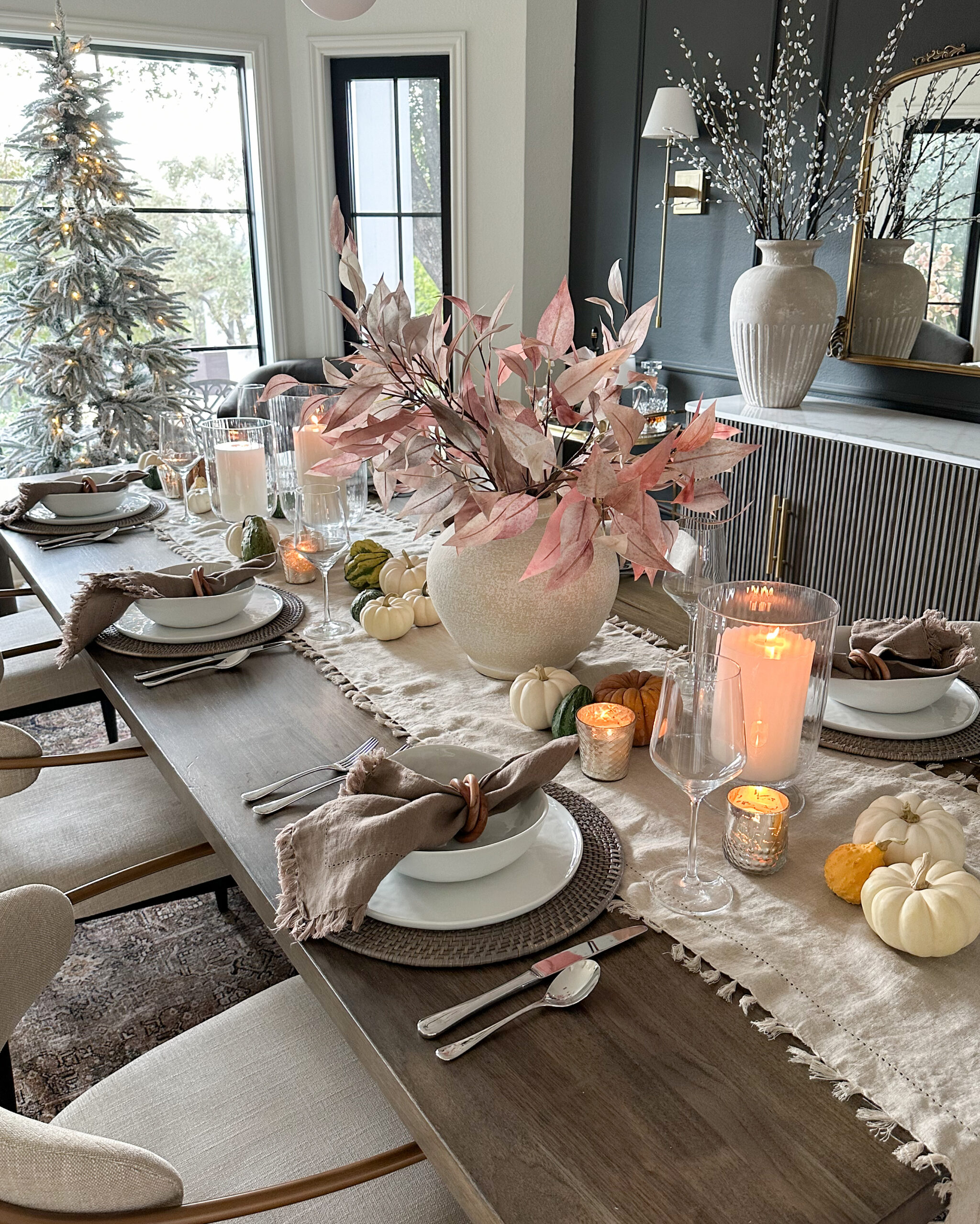 Celebrating in Style: Thanksgiving Tablescapes, Fashion Finds & More | fall tablescape, autumn faux florals, tablescapes, wine glasses, thanksgiving decor, table runner, candle holders, vases