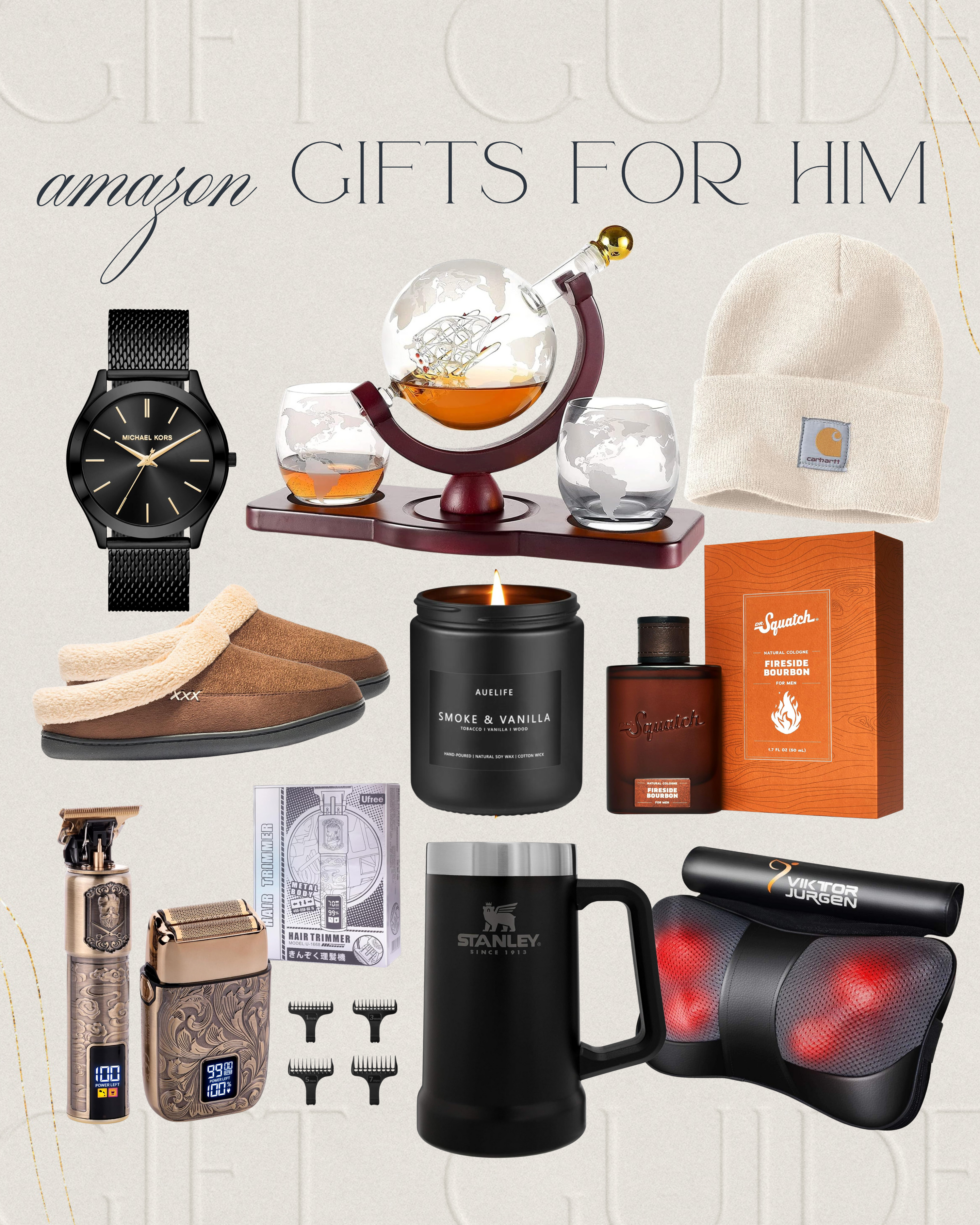 Finding The Perfect Gift | gifts for him, massager, mens slippers, decanter, carhartt beanie, candles, mens cologne, mens watch